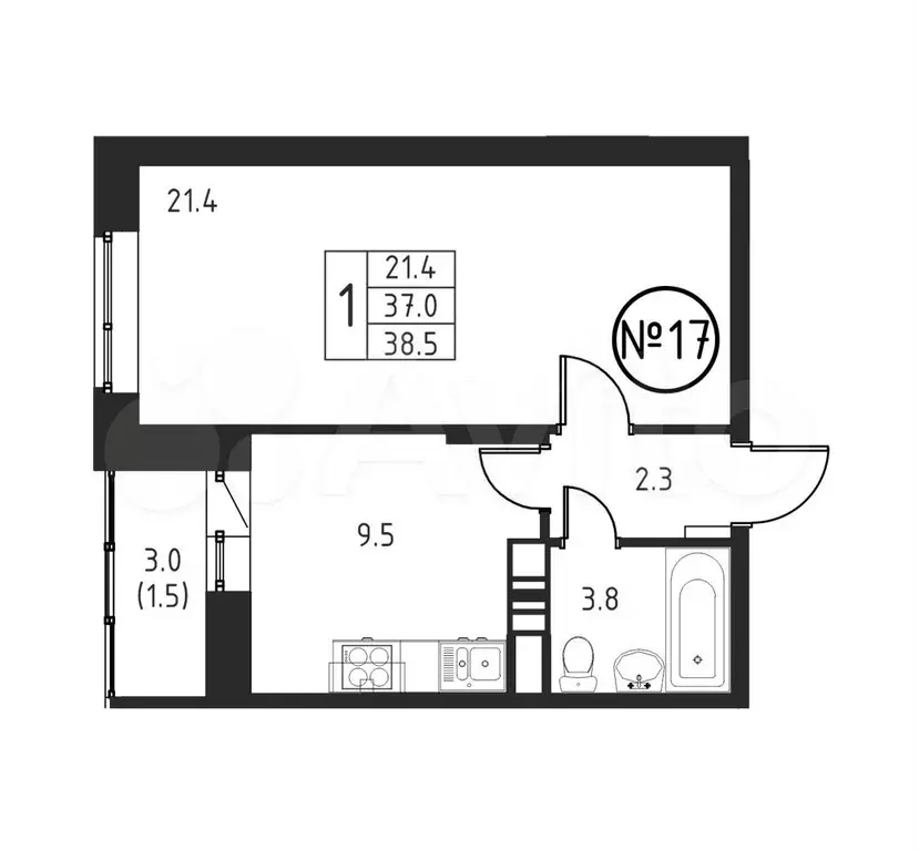 1-к. квартира, 38,5 м, 2/12 эт. - Фото 0