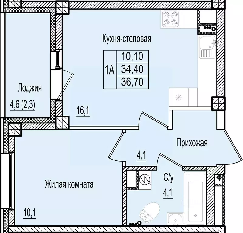 1-к кв. Псковская область, Псков Крестовский жилой комплекс (36.7 м) - Фото 1