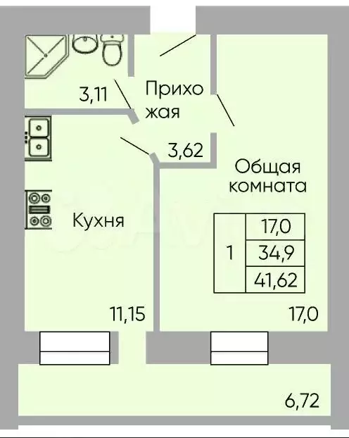 1-к. квартира, 40 м, 4/9 эт. - Фото 1