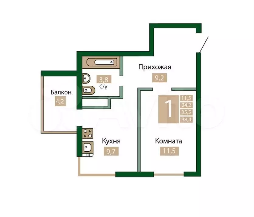 1-к. квартира, 38,4 м, 4/12 эт. - Фото 1