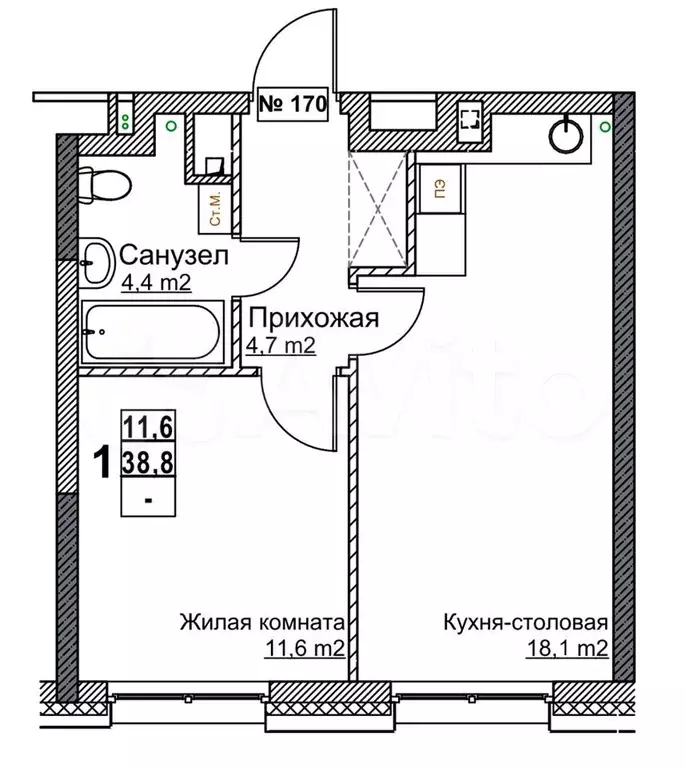 1-к. квартира, 38,8 м, 5/24 эт. - Фото 0