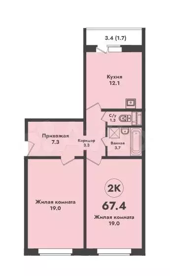 2-к. квартира, 67,4 м, 2/17 эт. - Фото 0