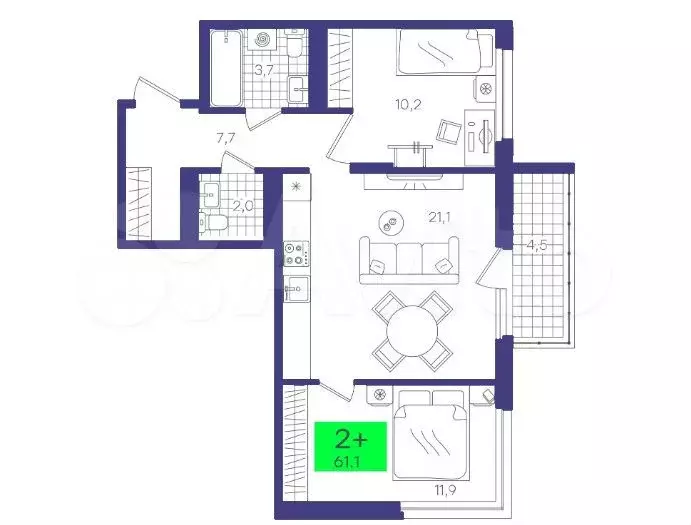 2-к. квартира, 61,1 м, 12/15 эт. - Фото 1