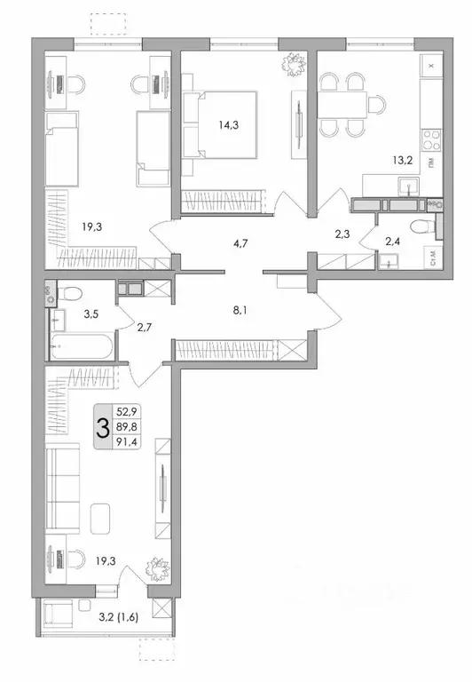 3-к кв. воронежская область, воронеж ул. шишкова, 140б/16 (91.4 м) - Фото 0