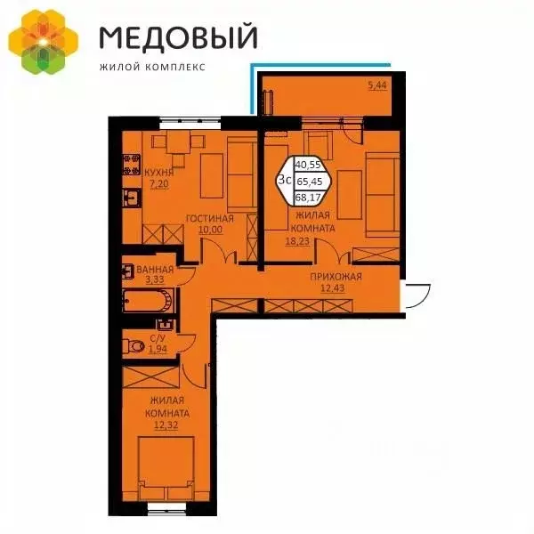 3-к кв. Пермский край, д. Кондратово ул. Н.М. Яблокова, 6 (68.17 м) - Фото 0