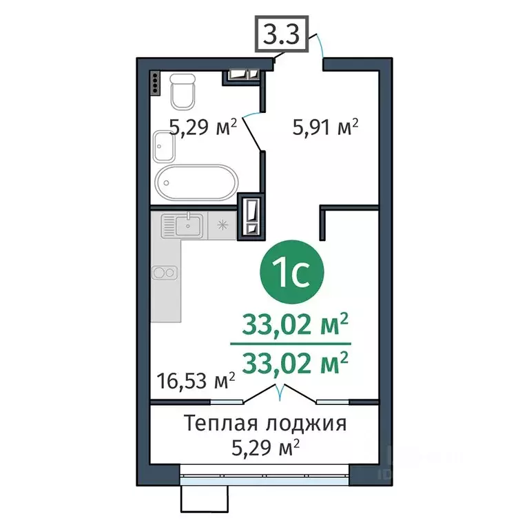 Студия Тюменская область, Тюмень ул. Краснооктябрьская, 12 (33.02 м) - Фото 0