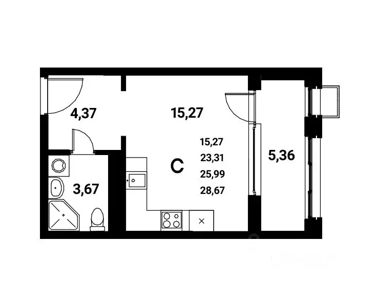 Студия Воронежская область, Воронеж наб. Чуева, 7 (25.99 м) - Фото 1