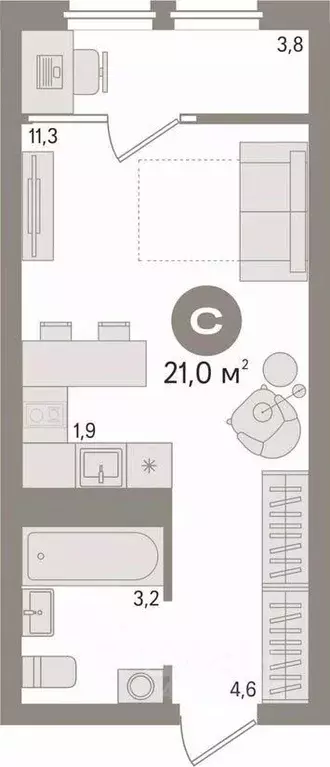 Студия Свердловская область, Екатеринбург ул. Пехотинцев, 2В (21.0 м) - Фото 2