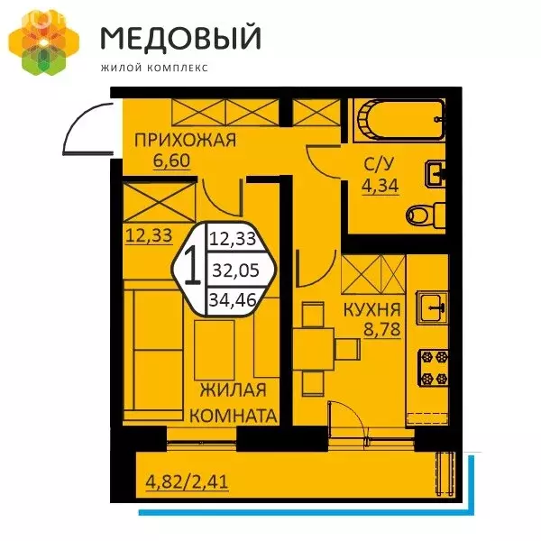 1-комнатная квартира: Кондратово, улица Н.М. Яблокова, 4 (34.46 м) - Фото 1