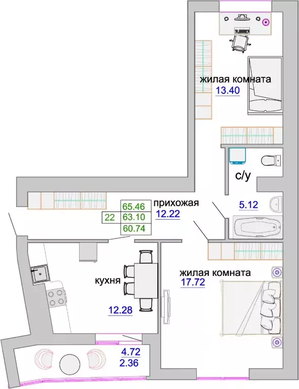 2-к кв. Калининградская область, Зеленоградск ул. Тургенева, 16А (63.6 ... - Фото 0