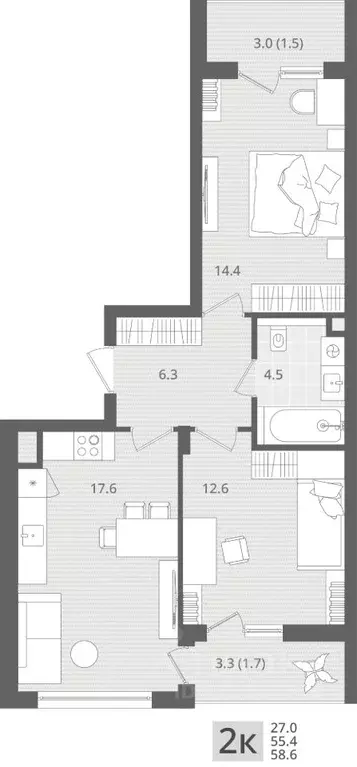2-к кв. Калининградская область, Пионерский пос. Рыбное,  (58.6 м) - Фото 1