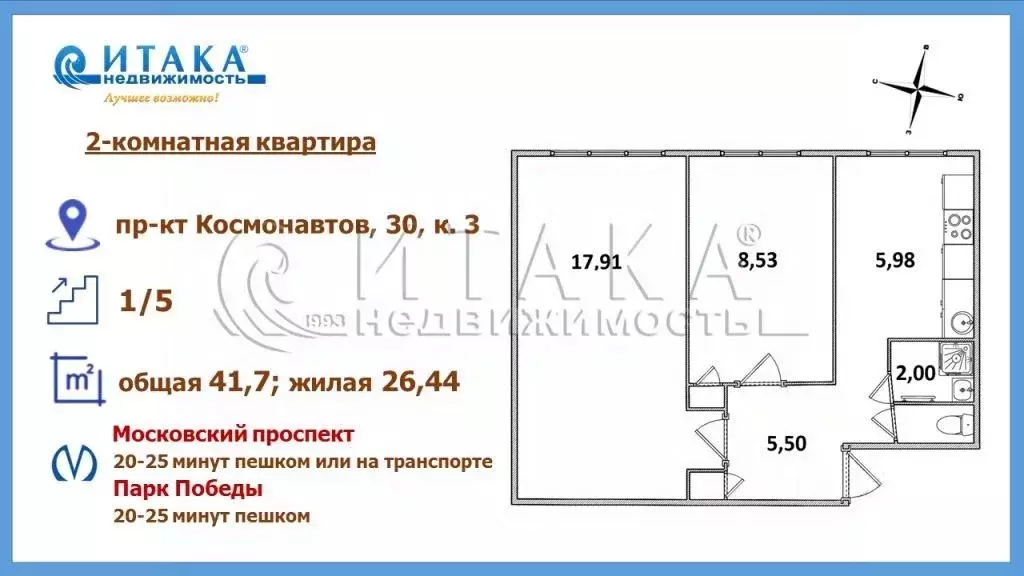 2-к кв. Санкт-Петербург просп. Космонавтов, 30К3 (41.7 м) - Фото 1