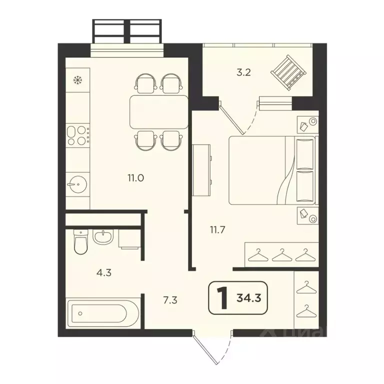 1-к кв. Тюменская область, Тюмень  (34.3 м) - Фото 1