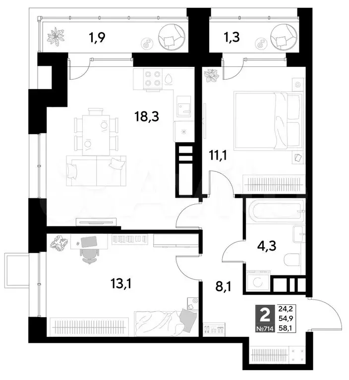 2-к. квартира, 58,1 м, 12/21 эт. - Фото 0