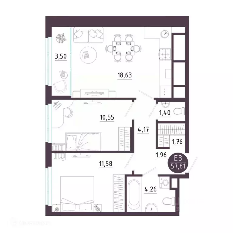 2-к кв. Рязанская область, Рязань Московское ш. (57.81 м) - Фото 1