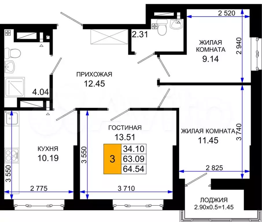 3-к. квартира, 64,5 м, 8/25 эт. - Фото 1