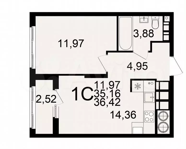 1-к. квартира, 36,4м, 23/25эт. - Фото 1