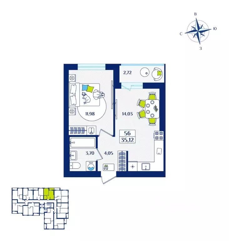 1-к кв. Калининградская область, Зеленоградск  (35.12 м) - Фото 0
