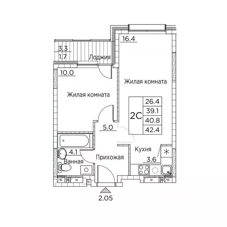 2-к кв. Приморский край, Владивосток ул. Расула Гамзатова, 7к3 (42.4 ... - Фото 1