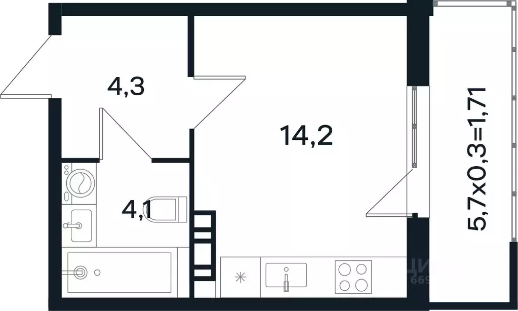 Студия Краснодарский край, Краснодар Новая Елизаветка мкр,  (24.31 м) - Фото 1