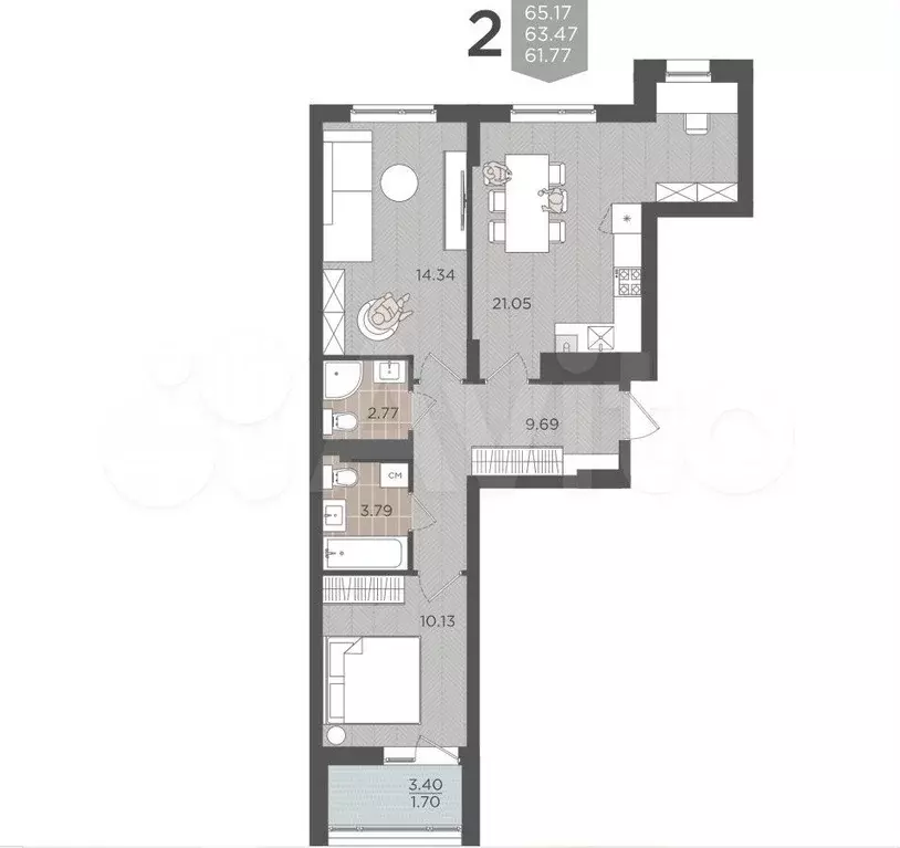 2-к. квартира, 63,5 м, 6/9 эт. - Фото 1