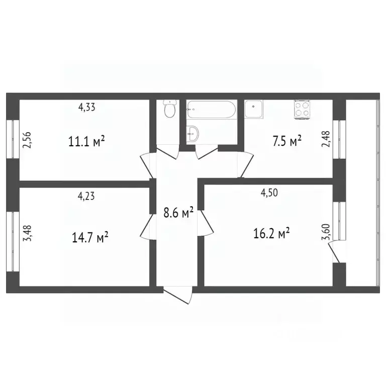 3-к кв. Вологодская область, Вологда Технический пер., 48 (65.2 м) - Фото 2