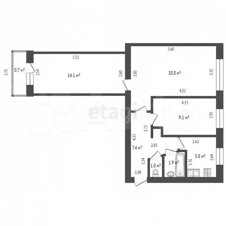 3-к. квартира, 58,1 м, 4/5 эт. - Фото 0