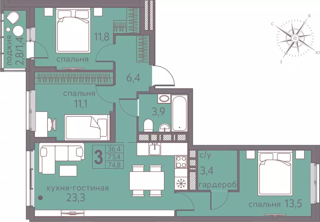 3-к квартира, 74.8 м - Фото 0