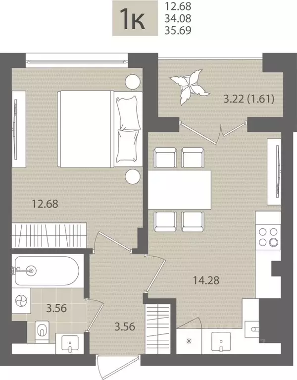 1-к кв. Калининградская область, Пионерский пос. Рыбное,  (35.69 м) - Фото 1