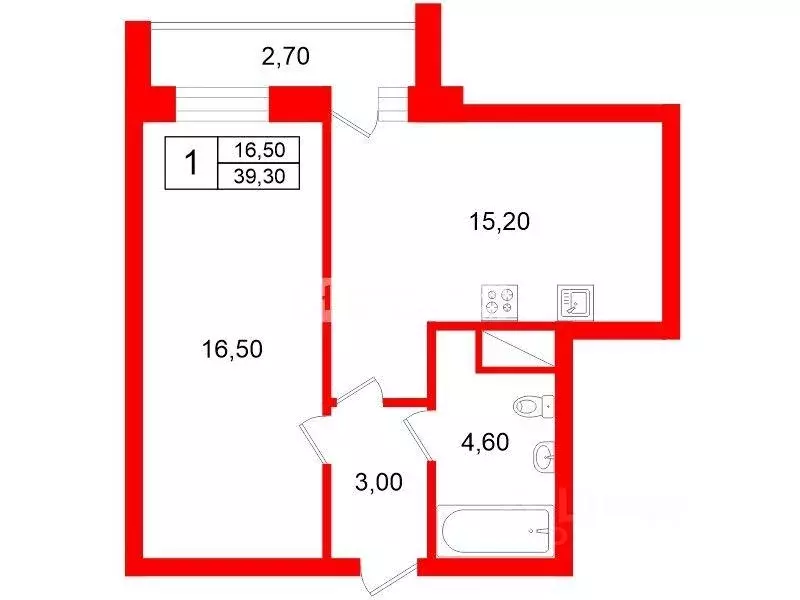 Квартира, 1 комната, 39.29 м - Фото 1