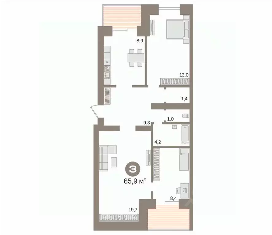 3-к кв. Тюменская область, Тюмень ул. Космонавтов, 6к1 (65.9 м) - Фото 2