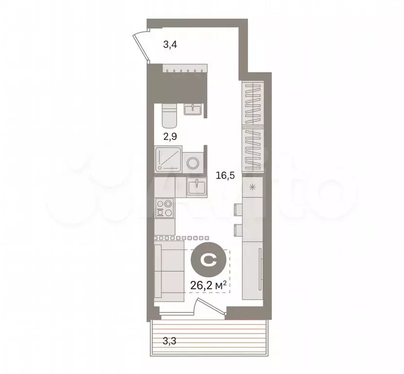 Квартира-студия, 26,2 м, 3/8 эт. - Фото 0