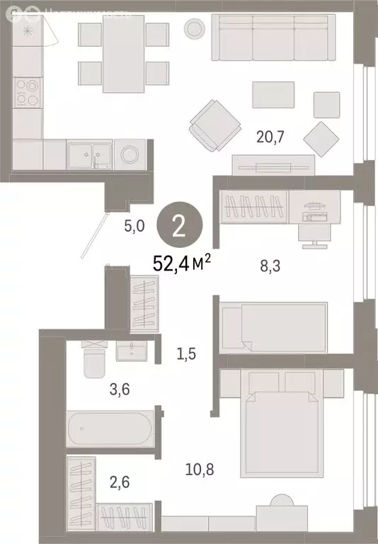 2-комнатная квартира: Тюмень, жилой комплекс Зарека (52.44 м) - Фото 1