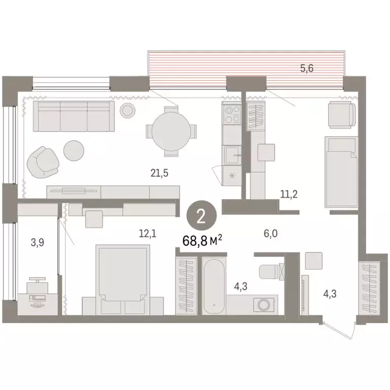 2-комнатная квартира: Тюмень, Краснооктябрьская улица, 4 (68.75 м) - Фото 2
