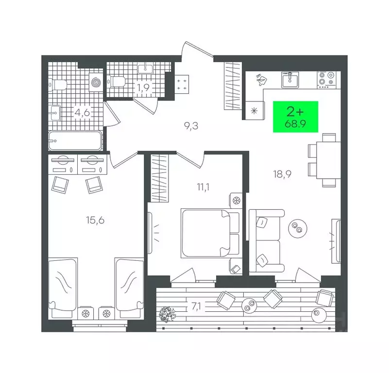 2-к кв. Тюменская область, Тюмень ул. Василия Малкова, 19 (68.98 м) - Фото 0