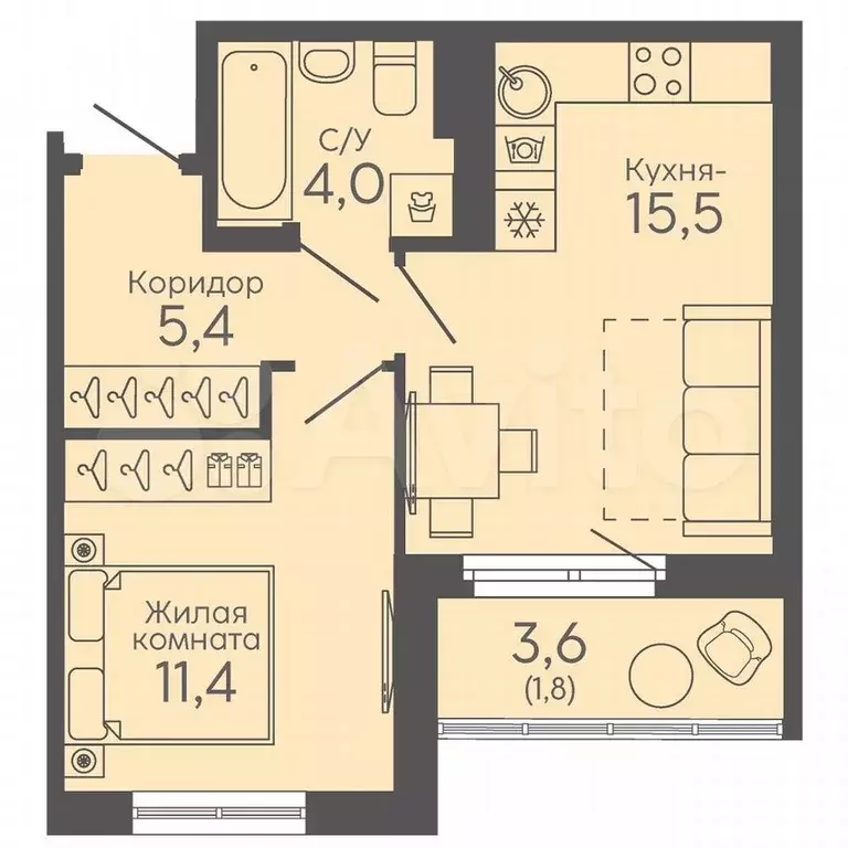 1-к. квартира, 38,1 м, 8/15 эт. - Фото 0