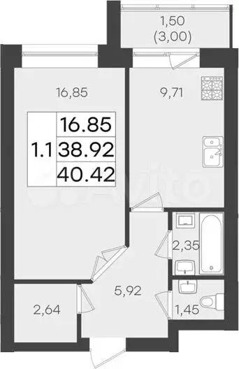 1-к. квартира, 40,4м, 1/5эт. - Фото 1