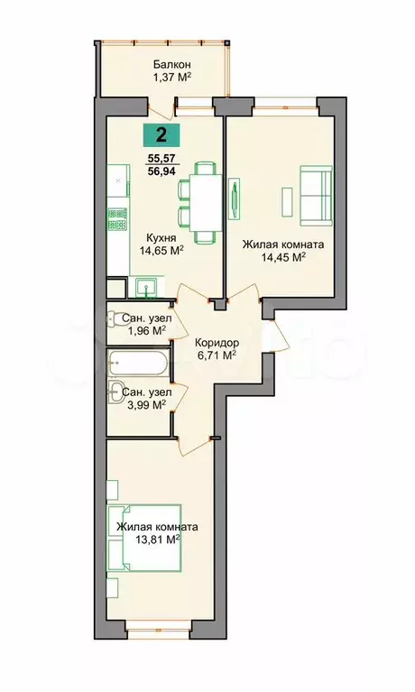 2-к. квартира, 57,9 м, 8/9 эт. - Фото 0