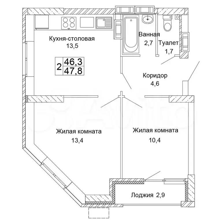 2-к. квартира, 47,8 м, 11/17 эт. - Фото 0