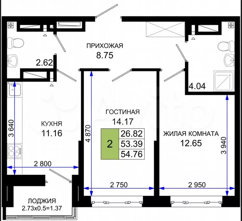 2-к. квартира, 54,8 м, 5/25 эт. - Фото 1