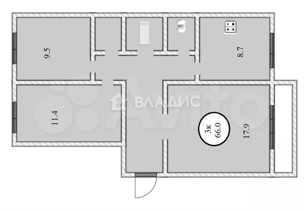 3-к. квартира, 65 м, 8/9 эт. - Фото 0