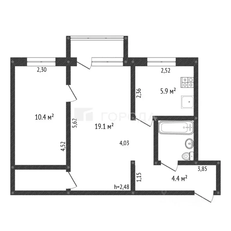 2-к кв. Кемеровская область, Новокузнецк Транспортная ул., 33 (45.0 м) - Фото 1