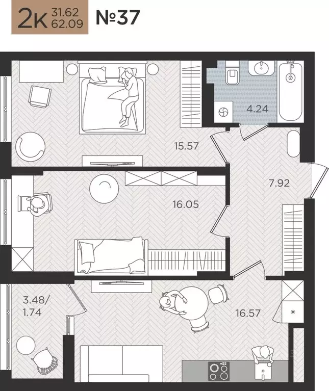 2-к кв. Калининградская область, Калининград Мой Город жилой комплекс ... - Фото 1