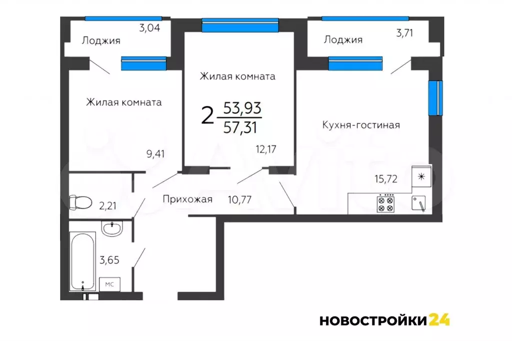 2-к. квартира, 57,3 м, 2/14 эт. - Фото 1