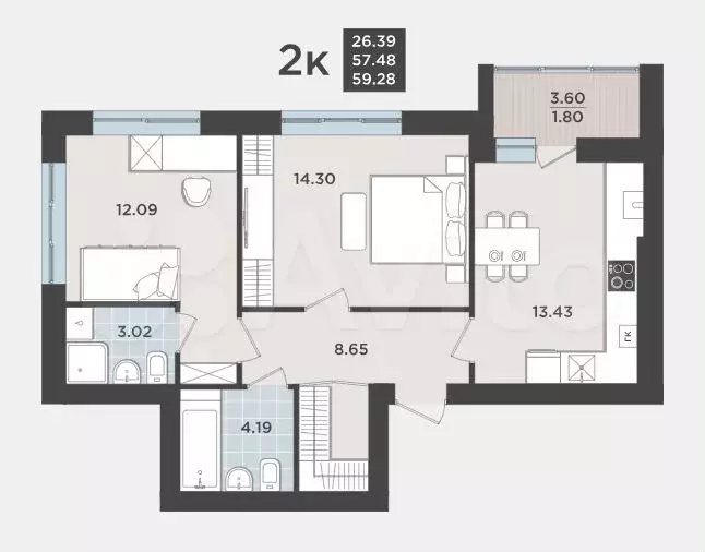 2-к. квартира, 57,5 м, 6/9 эт. - Фото 1