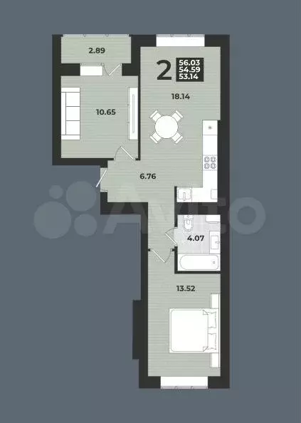2-к. квартира, 56 м, 2/9 эт. - Фото 1