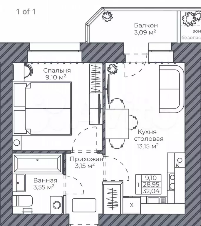1-к. квартира, 32 м, 7/9 эт. - Фото 0