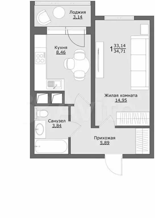 1-к. квартира, 34,7 м, 7/9 эт. - Фото 0