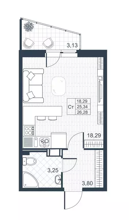 Квартира-студия: Коммунар, Славянская улица, 8к2 (25.1 м) - Фото 2