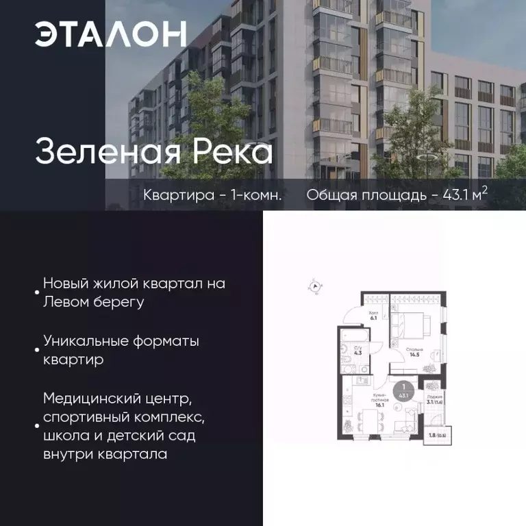 1-к кв. Омская область, Омск Зеленая река мкр,  (43.1 м) - Фото 0